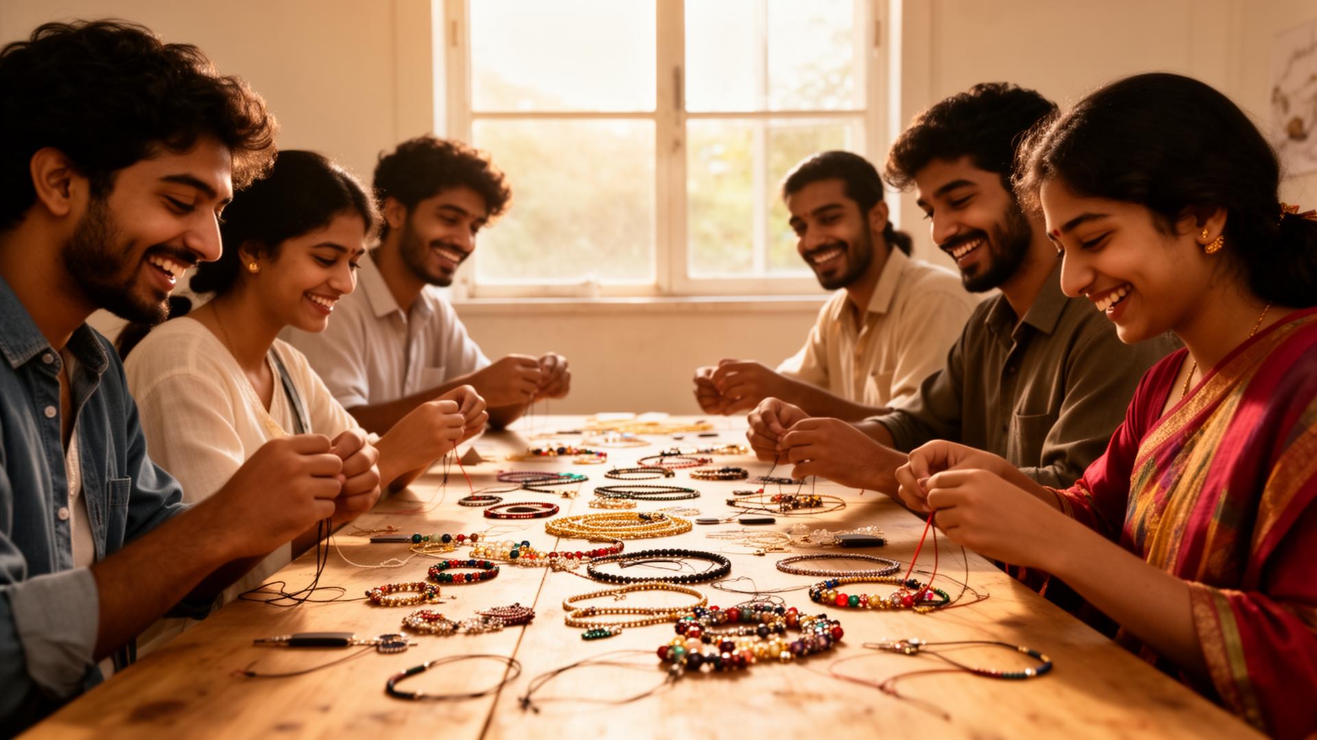 Neurodiverse adults joyfully crafting handmade jewelry together